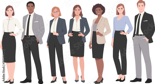 Business team illustration with diverse professional attire, corporate dress code concept, formal workplace fashion graphic
