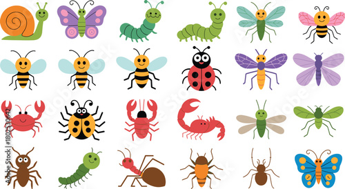 Cartoon insect and animal grid, colorful bug icons, kids illustration, educational wildlife art, smiling creatures, playful nature characters, cute design