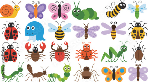 Cartoon insects collection, colorful bugs, cute creatures, educational animal icons, kids illustration, smiling bugs, entomology art, playful insect characters