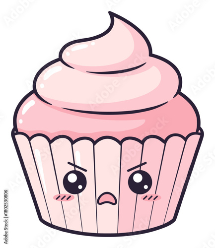 Kawaii grumpy pink cupcake with frosting as an adorable illustration background