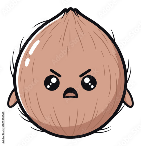 Angry cartoon coconut with kawaii face illustration background