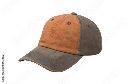 Distressed two-tone baseball cap with a worn visor, an essential vintage accessory for casual everyday fashion