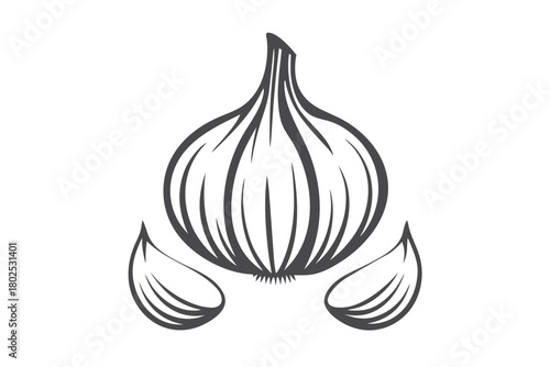An artistic gray garlic bulb sits with separate cloves on the white background