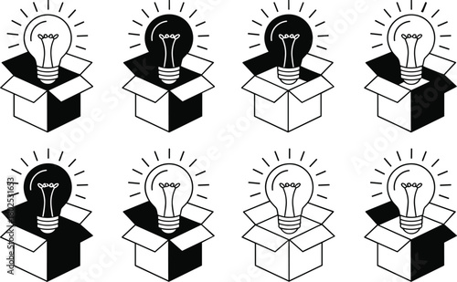 Light Bulb Idea Icons in Open Cardboard Boxes Keywords: light bulb, idea, innovation, concept