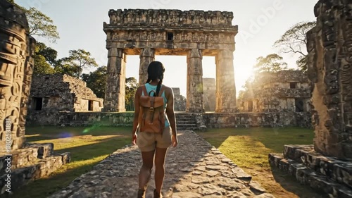 A lone explorer discovers the beauty of ancient structures, as the sun shines through the arches. A remarkable fusion of adventure, history, and architectural charm.