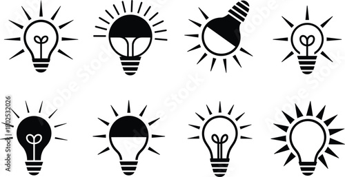 Light Bulb Idea Icons with Sunburst Rays Keywords: light bulb, idea, innovation, concept