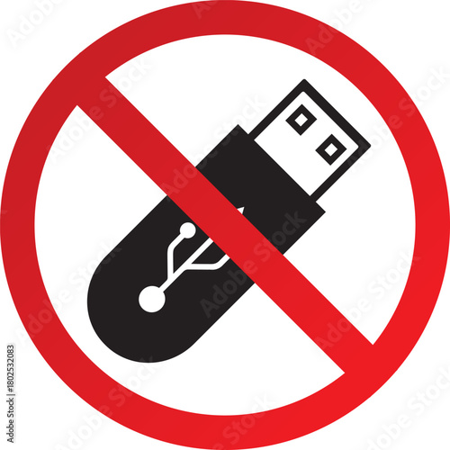 No USB drive allowed sign vector illustration of a flash drive inside a red prohibition circle isolated on white background