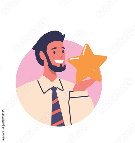 Businessman holding golden star reward