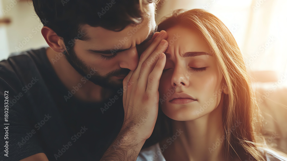 Naklejka premium Partner gently touching forehead to check fever