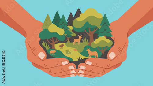 hands holding a miniature forest ecosystem, vector illustration for environmental conservation and biodiversity protection