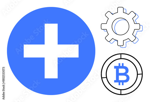 Blue plus sign, gear, Bitcoin logo symbolizing health, innovation, and digital currency. Ideal for medical technology, blockchain, finance, growth future software simple flat metaphor