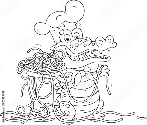 Funny crocodile cook with a white chef’s hat and red neckerchief holding a dish of very long hot spaghetti, black and white vector cartoon illustration for a coloring book