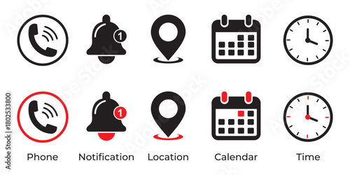 Minimal UI Icon Set – Phone, Notification, Location, Calendar & Time Symbols Black & Red