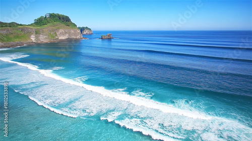 Aerial view of ocean waves breaking on sandy beach with small island in distance. Perfect surfing spot showcasing blue water meeting pristine shore.