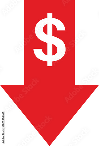 Dollar sign with red arrow down icon . Red arrow going down with dollar icon . Dollar falling icon . Vector illustration 