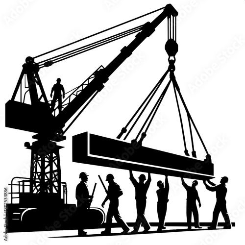Worker Lifting Steel Beam with Crane