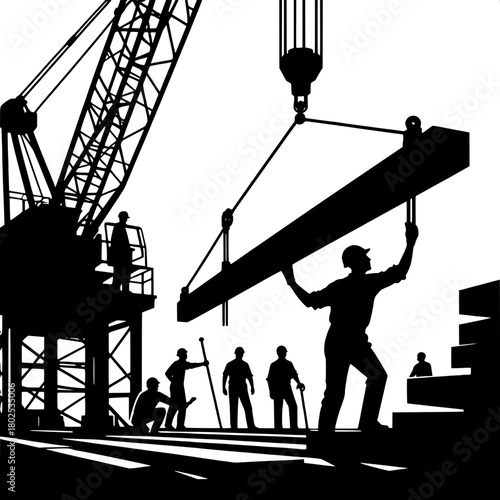 Worker Lifting Steel Beam with Crane