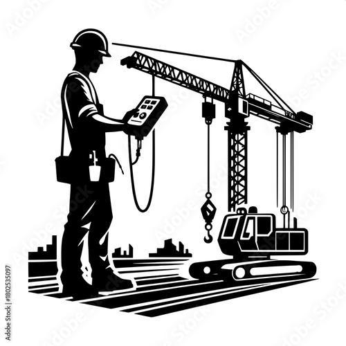 Worker Using Remote Control for Crane