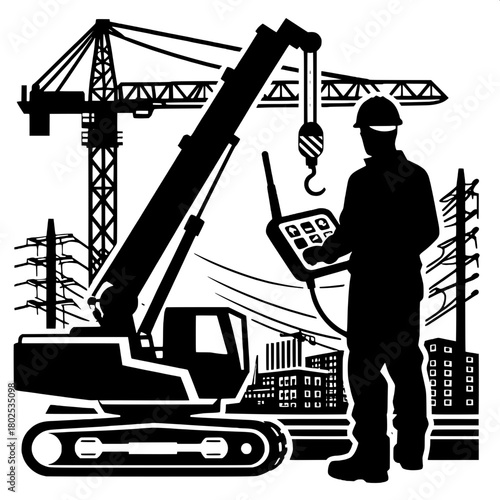 Worker Using Remote Control for Crane