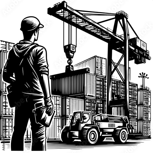 Worker Loading Cargo with Crane