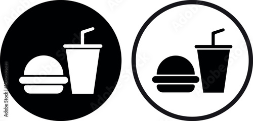 Fast food icon set in two styles . Eating icon . Hamburger and drink icon . Vector illustration