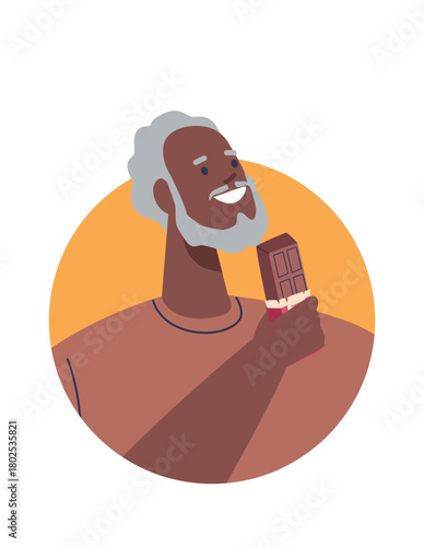 Senior man eating chocolate bar