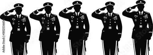 Black silhouette vector illustrations of decorated military officers saluting in formal uniforms for patriotic, ceremonial, and honor-themed design.
