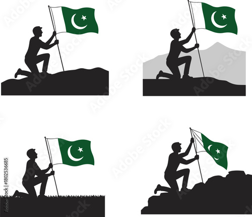 Black silhouette vector illustrations of person planting Pakistan flag in varied terrains for patriotic, national pride, and tribute design.