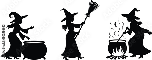 Stylized black silhouette vector illustrations of witches with cauldrons and broomsticks for Halloween, magic, and fantasy-themed design.