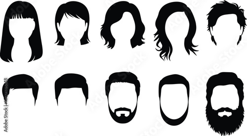 Stylized black silhouette vector set of diverse male and female hairstyles and beard styles for avatar and character design.