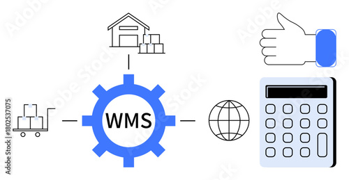 Blue cog with WMS connected to warehouse, pallet cart, globe, calculator, and thumbs-up. Ideal for warehouse management, logistics, inventory, global trade efficiency digital tools workflow
