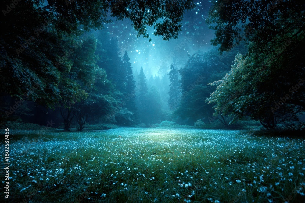 Fototapeta premium Mystical forest with sunlight and glowing particles
