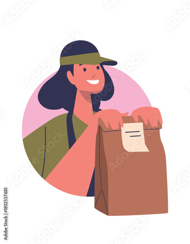 Woman courier delivering fast food