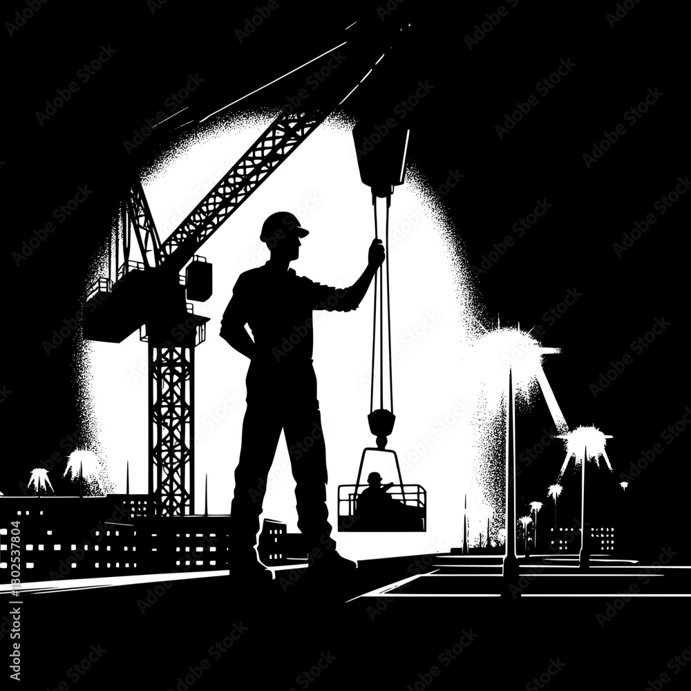 Naklejka premium Worker Operating Crane at Night