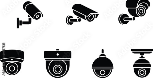 Security camera icons, CCTV surveillance illustration, vector monitoring devices set, safety equipment symbols, video protection graphic collection for design