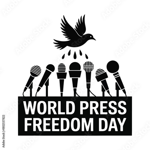 Bird of freedom flying over microphones and World Press Freedom Day text