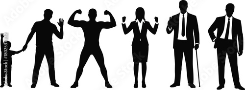 Silhouette people set, diverse human poses, business and family figures illustration, standing characters vector, professional and casual person icons