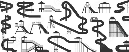 Silhouette water slides, amusement park structures, summer attractions, aquapark elements, tubing designs, spiral slides, playground towers, recreational equipment set illustration