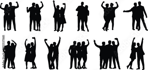 Silhouettes of dancing and celebrating people in pairs, black human figures, joyful interaction poses, friendship and unity illustration