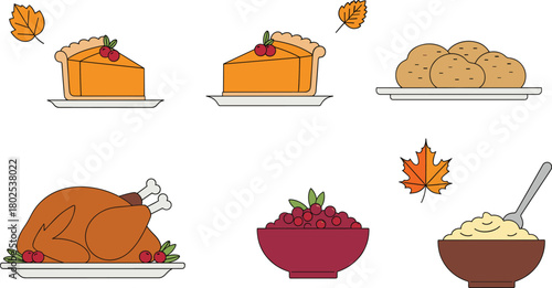 Thanksgiving food illustration with turkey, pumpkin pie, mashed potatoes, dinner rolls, autumn leaves, festive holiday meal concept