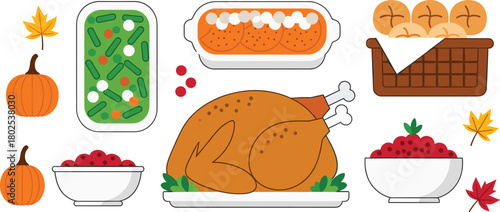 Thanksgiving dinner illustration with turkey, festive food set, autumn holiday meal, seasonal decoration, traditional celebration concept