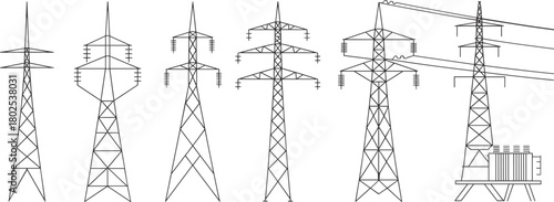 Transmission towers and transformer, electrical grid components, power infrastructure, voltage lines, technical drawing, utility engineering, energy distribution, grid design