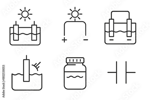 Artificial Photosynthesis Icons. Line style icons of artificial photosynthesis: photoelectrochemical cell, PEC device symbol, dual