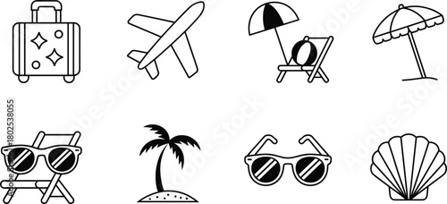 Travel and beach icon set, black and white vacation symbols, suitcase, airplane, island, umbrella, summer leisure illustration