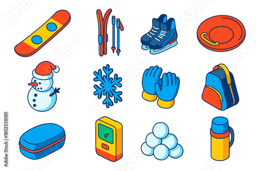 Winter Sports Gear Icons. Isometric vector illustration set winter sports and fun: freestyle board, Nordic skis, ice hockey skates