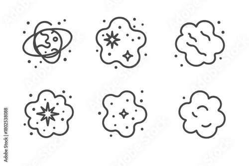 Astrophysics Line Icons. Line style icons of astrophysics: planetary nebula icon, stellar nursery, interstellar dust cloud,