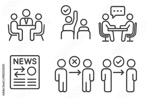 Mergers & Acquisitions Icons. Line style icons of mergers & acquisitions: board of directors icon, shareholder vote, executive