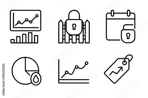 Hedge Fund Iconography. Line style icons of hedge funds: daily NAV chart, redemption gate icon, soft lock-up period, fund