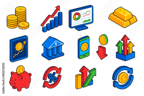 Financial Growth Icons. Isometric vector illustration set Financial Growth: coins stack, rising arrow chart, investment portfolio