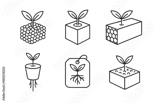 Hydroponic Line Icons. Line style icons of hydroponics: rockwool and grow medium, sponge cube icon, hydro block material, grow